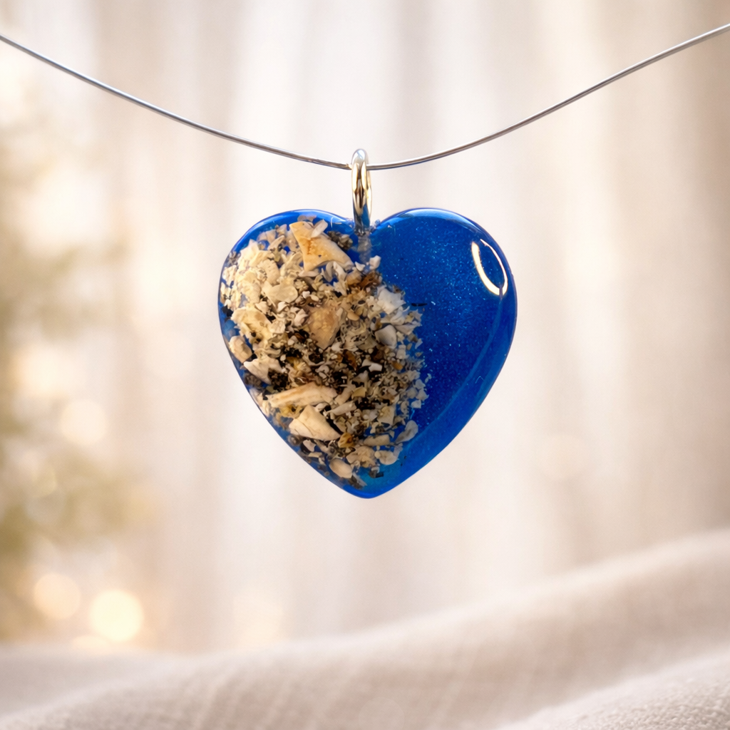 Collier "Plume" cœur souvenir avec cendres d’animal – Bijou funéraire en résine fait main