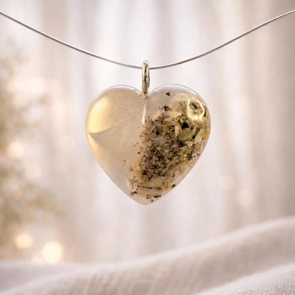 Collier "Plume" cœur souvenir avec cendres d’animal – Bijou funéraire en résine fait main