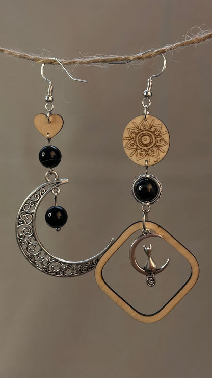 Boucles d’oreilles “Lune et Félin Mystique”